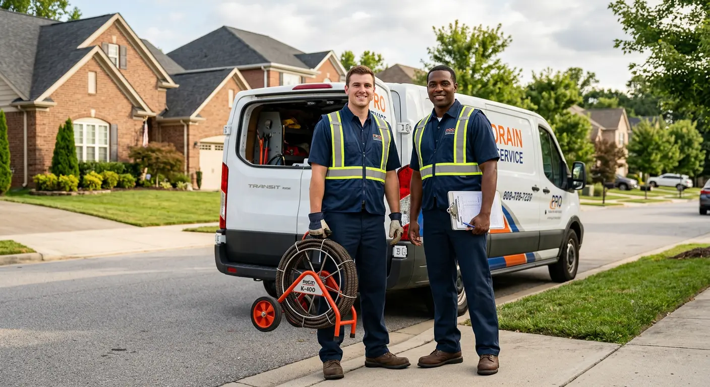 Sewer and drain service team with equipment ready for work in Elgin