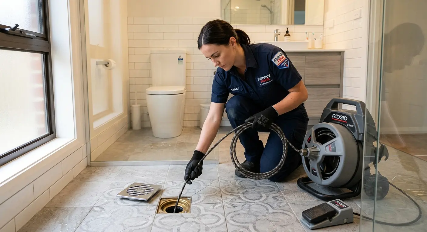 Technician clearing a bathroom floor drain for Drain Cleaning in Elgin